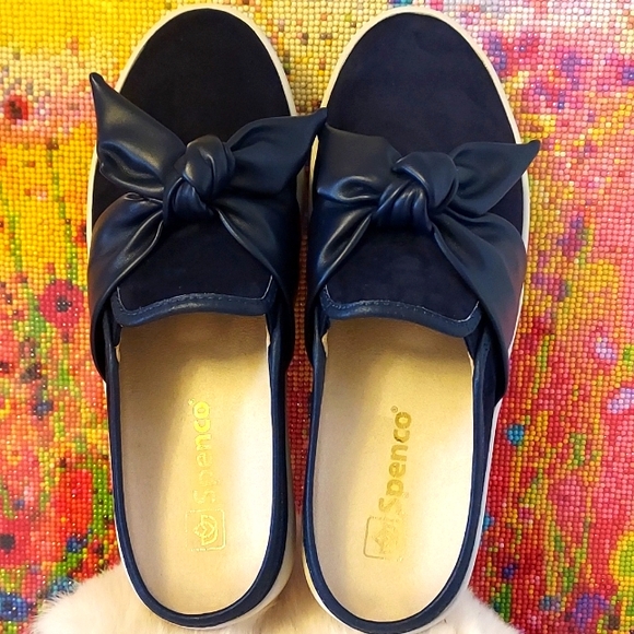 Womens Spenco Orthotic Mules Barbados Suede Bow Navy Blue - Picture 7 of 9
